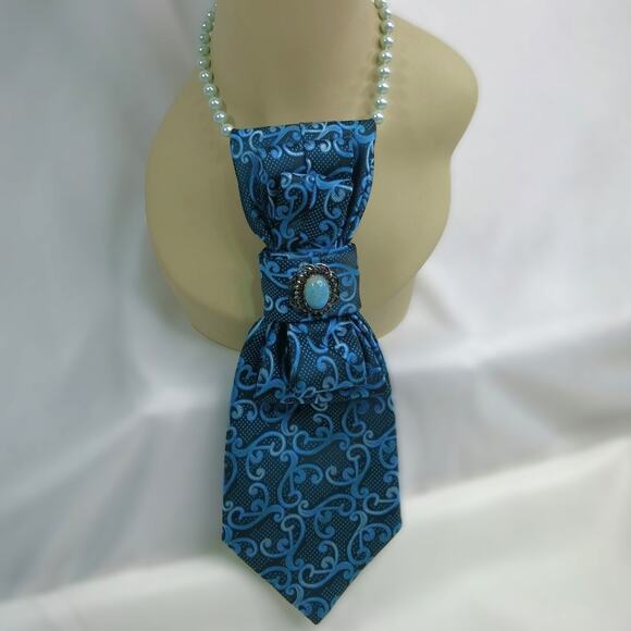 Artisan Vintage Tie Necklace Upcycled Pearl Accents Shades of Teal Blue Gray NEW - Picture 1 of 13